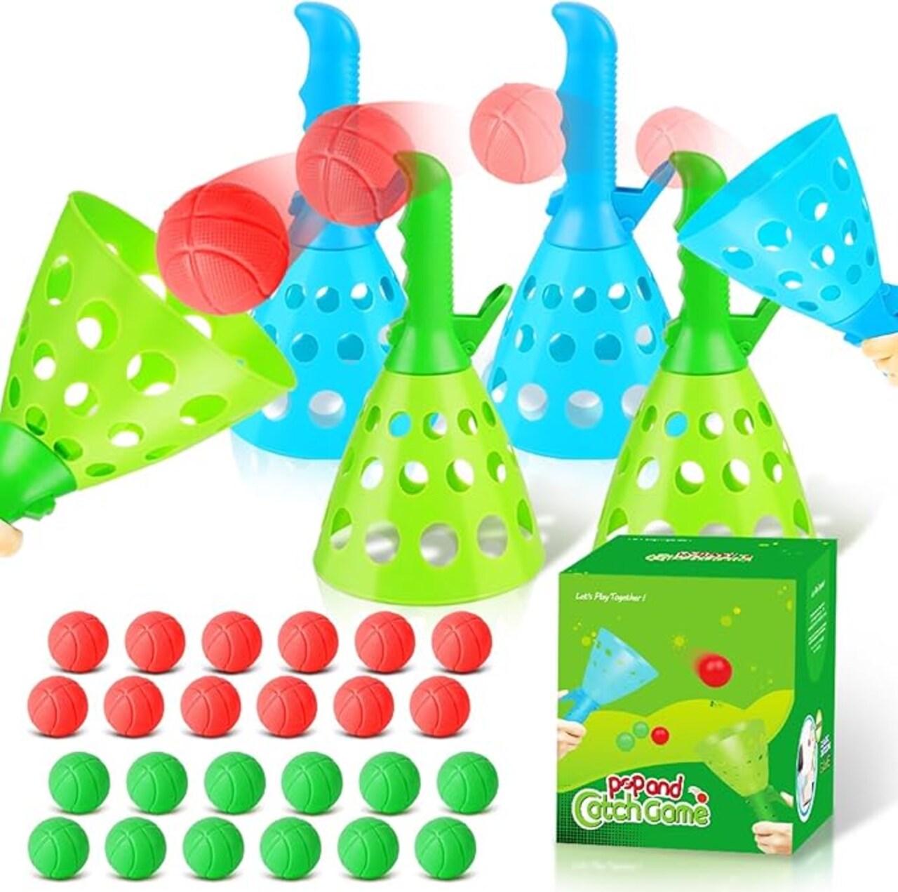 Pop, Pass & Catch Ball Game for Kids Ages 5+ – Indoor & Outdoor Fun with 4 Launcher Baskets and 24 Balls, Easter Basket Stuffers, Party Favors, Beach & Sports Toy